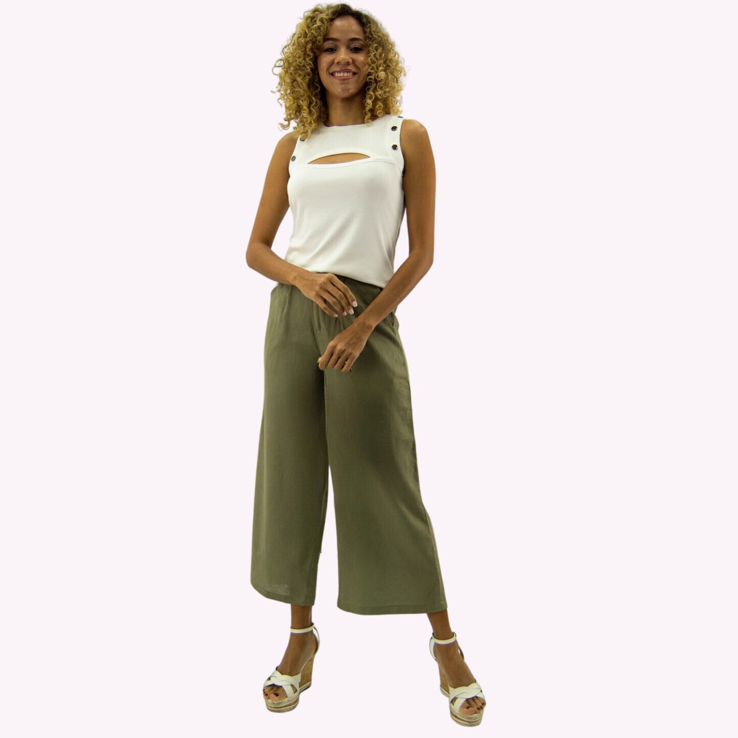 PANTALON LINO MUJER TENTATION VERDE CROPPED PALAZZO - 4