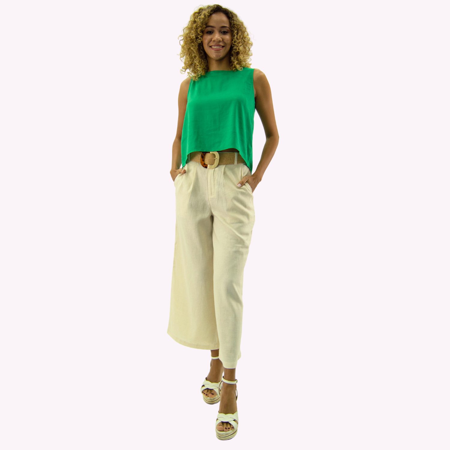 PANTALON LINO MUJER TENTATION BEIGE CROPPED PALAZZO - 1