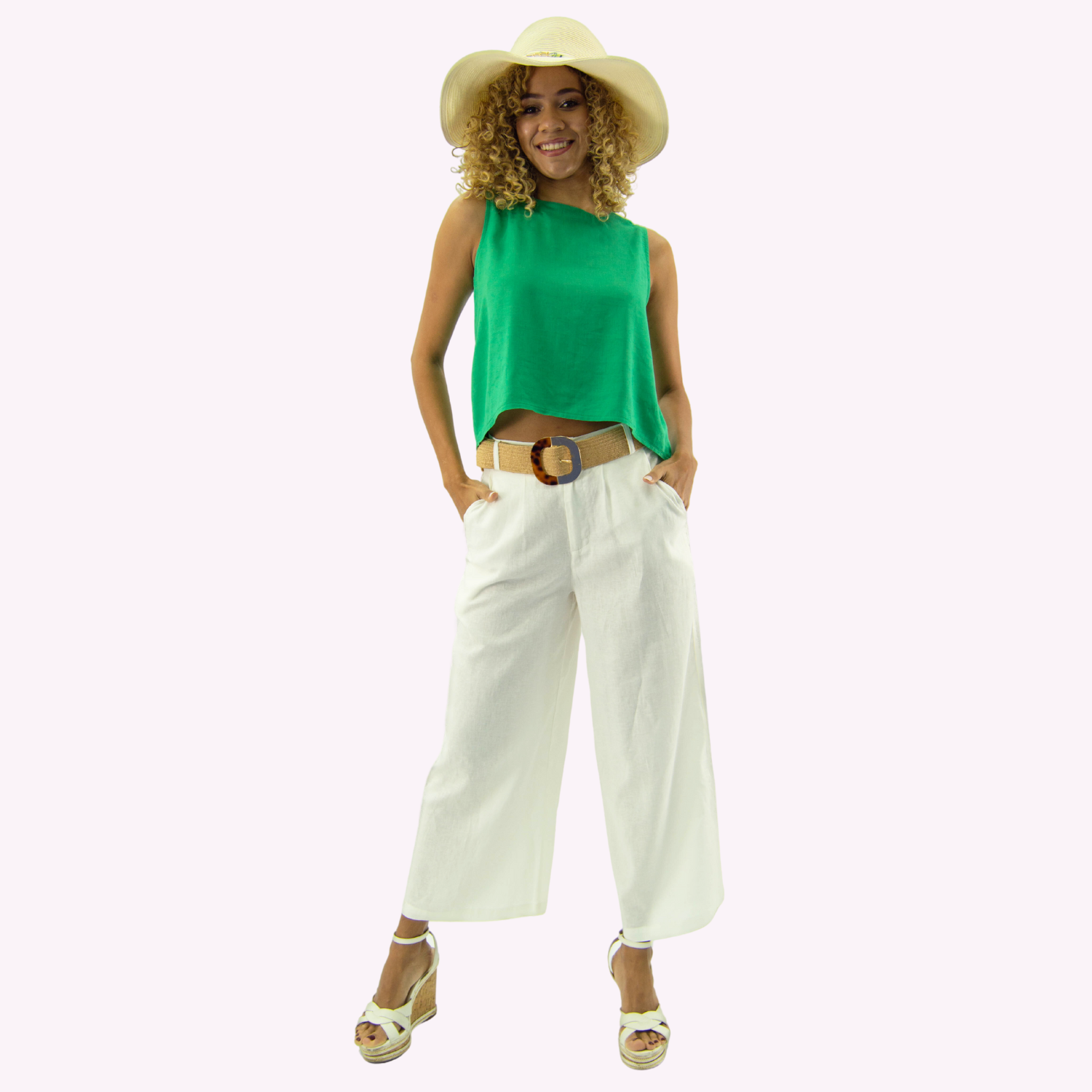 PANTALON LINO MUJER TENTATION BLANCO CROPPED PALAZZO - 1