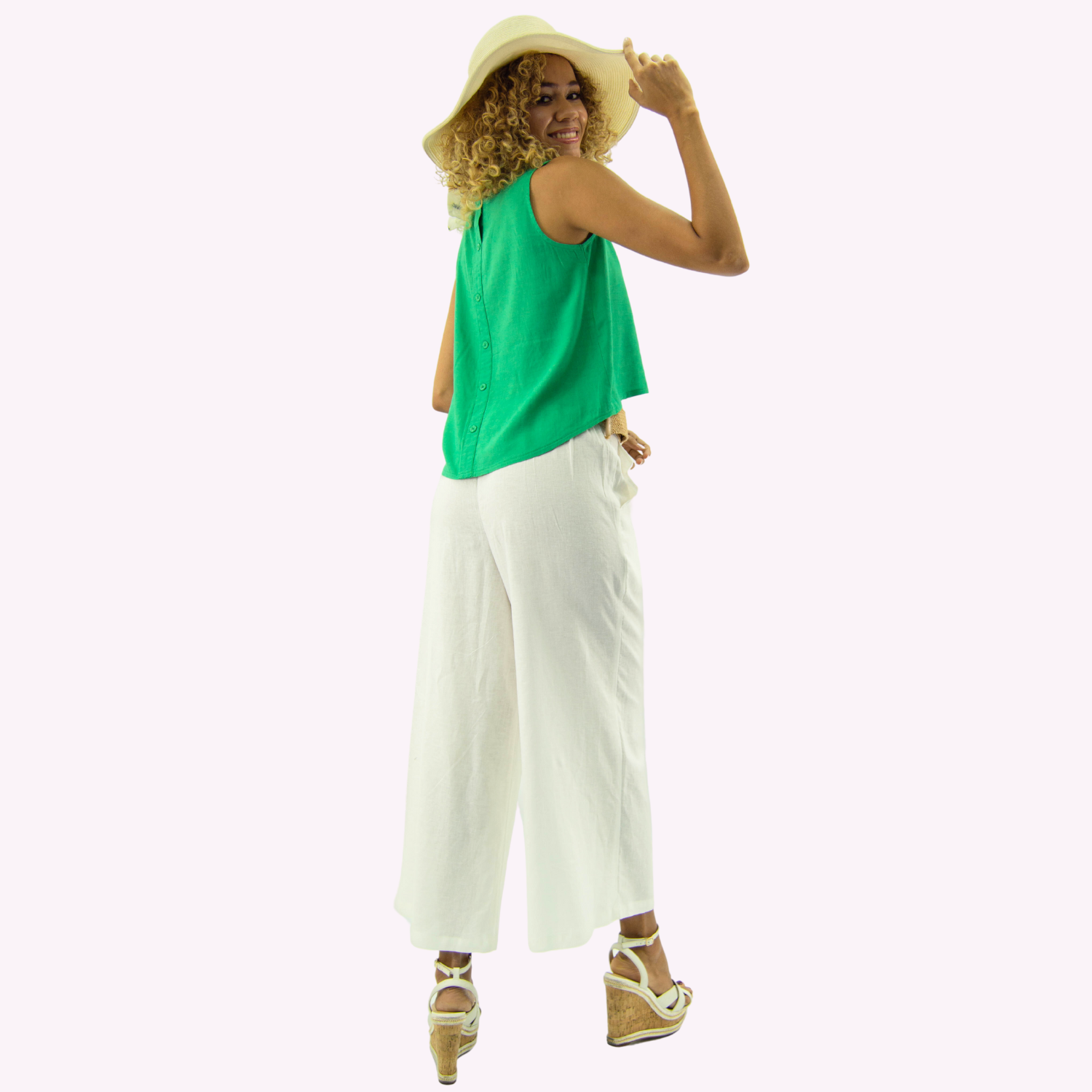 PANTALON LINO MUJER TENTATION BLANCO CROPPED PALAZZO - 3