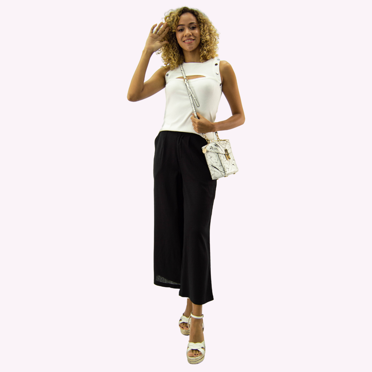 PANTALON LINO MUJER TENTATION NEGRO CROPPED PALAZZO - 1