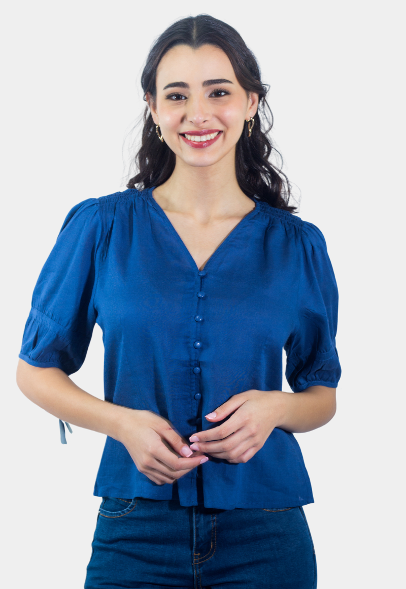 BLUSA ABOTONADA MANGA 3/4 AZUL TENTATION - 1
