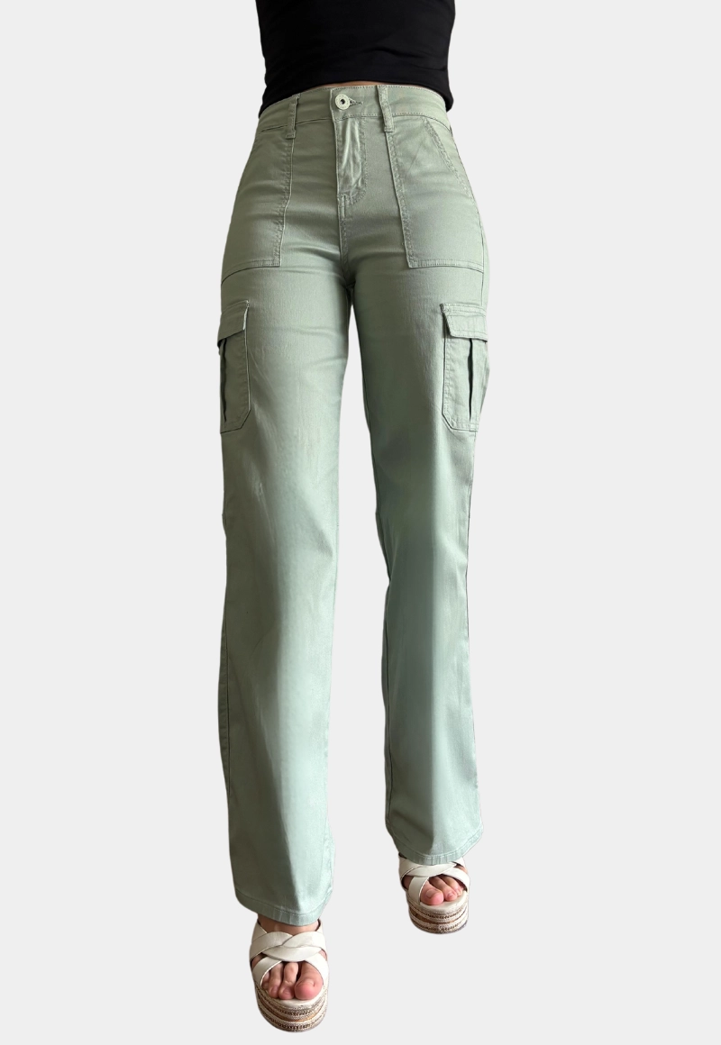 PANTALON CARGO ALGODÓN MOM MUJER TENTATION VERDE TIRO ALTO PUSH UP - 1