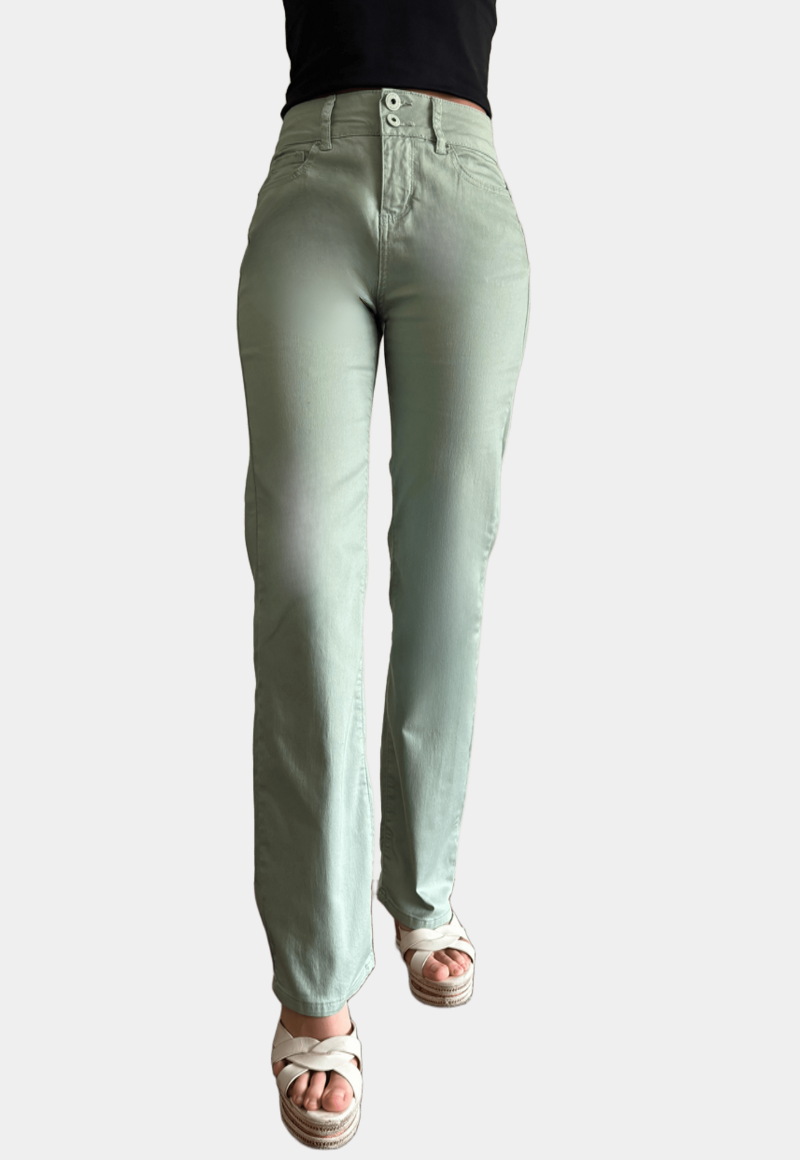 PANTALON RECTO ALGODÓN STRAIGHT FIT MUJER TENTATION VERDE TIRO ALTO PUSH UP - 1