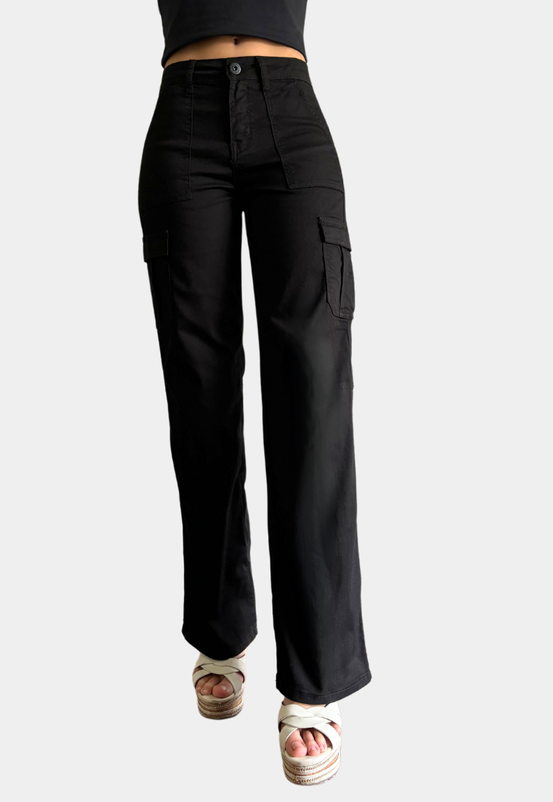 PANTALON CARGO ALGODÓN MOM MUJER TENTATION BLACK TIRO ALTO PUSH UP - 1