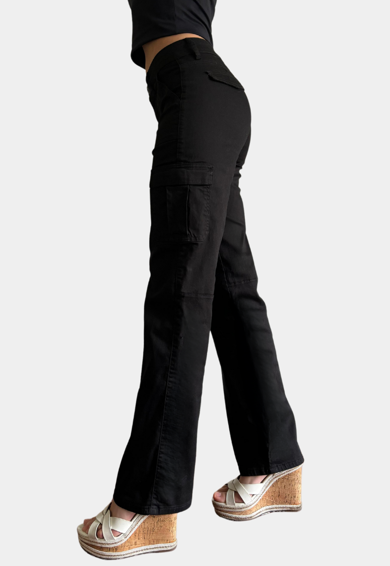 PANTALON CARGO ALGODÓN MOM MUJER TENTATION BLACK TIRO ALTO PUSH UP - 2