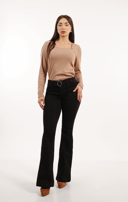JEAN LARGO FLARE MUJER TENTATION NEGRO CORTES PIERNA - 1