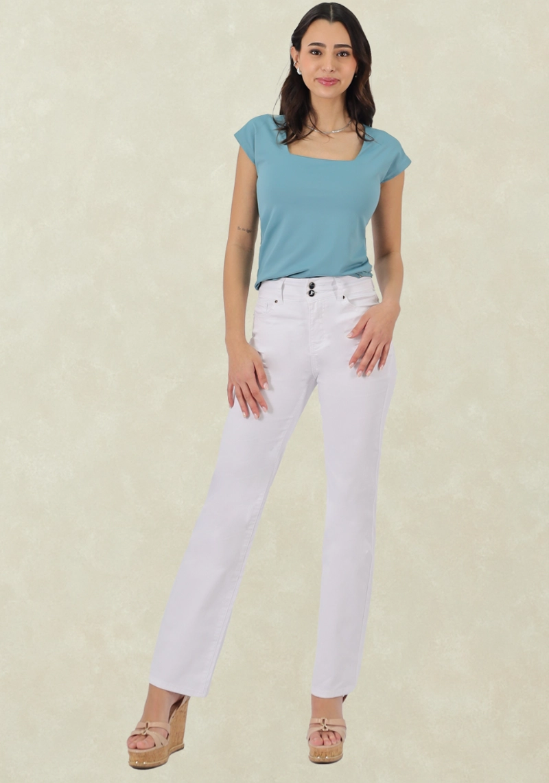 PANTALON GABARDINA RECTO T.A. DOBLE BOTON BLANCO - 1
