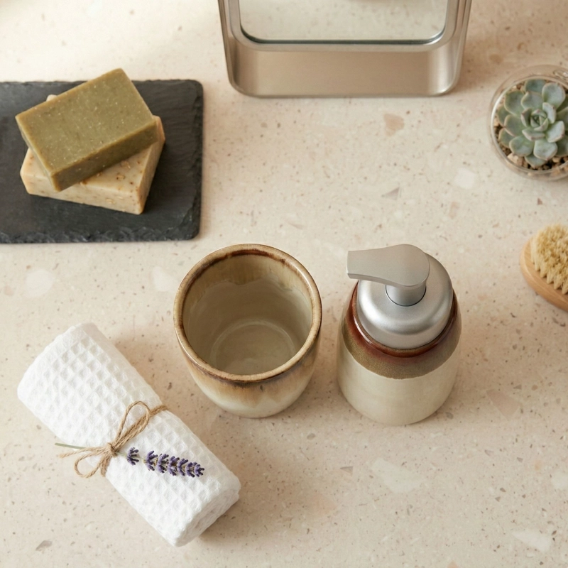 SET 2 ACCESORIOS DE BAÑO DISPENSADOR DE JABON Y VASO CERAMICA MINIMAL - 2