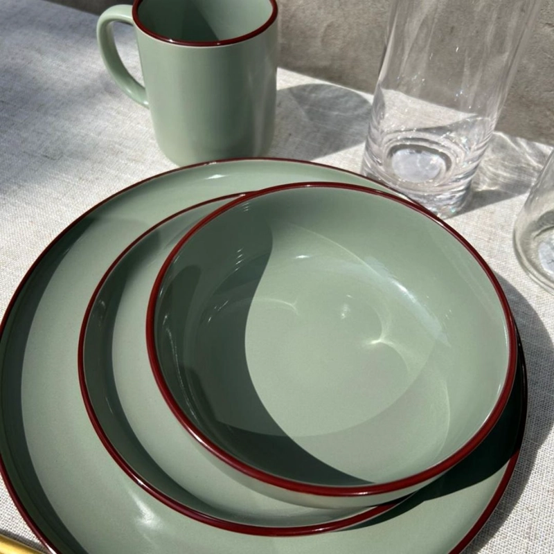 JUEGO DE LOZA 16 PIEZAS VAJILLA CERAMICA BORDE COFFEE - 4