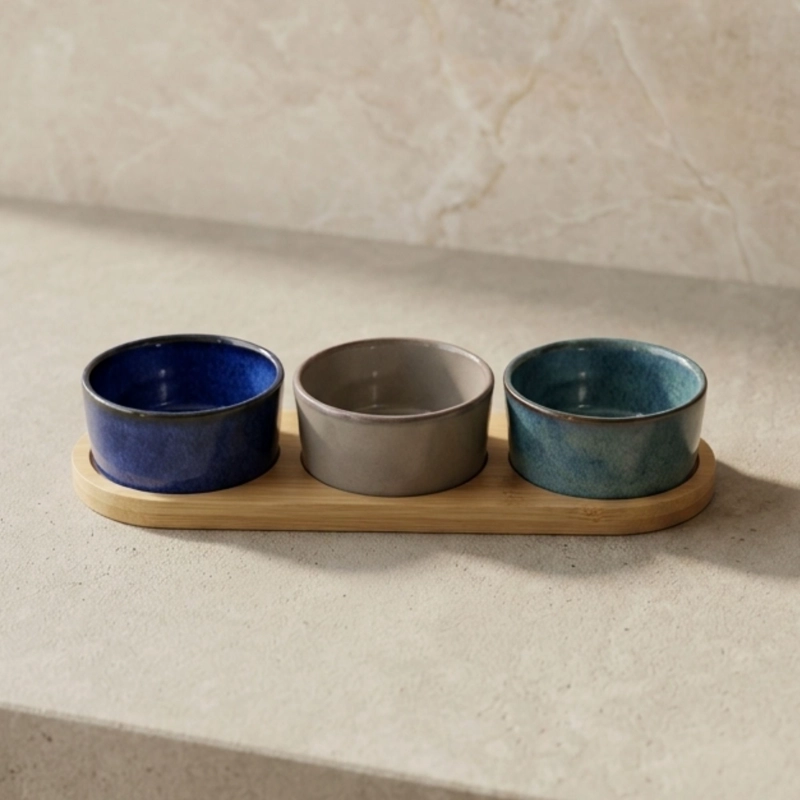 SET 3 BOWLS CERAMICA REDONDOS EN BANDEJA BAMBOO 28 CM - 1