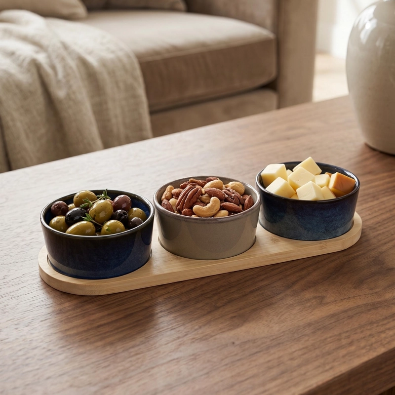 SET 3 BOWLS CERAMICA REDONDOS EN BANDEJA BAMBOO 28 CM - 2
