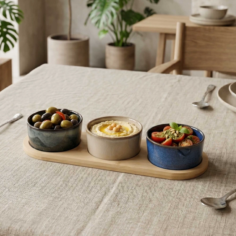 SET 3 BOWLS CERAMICA REDONDOS EN BANDEJA BAMBOO 28 CM - 3