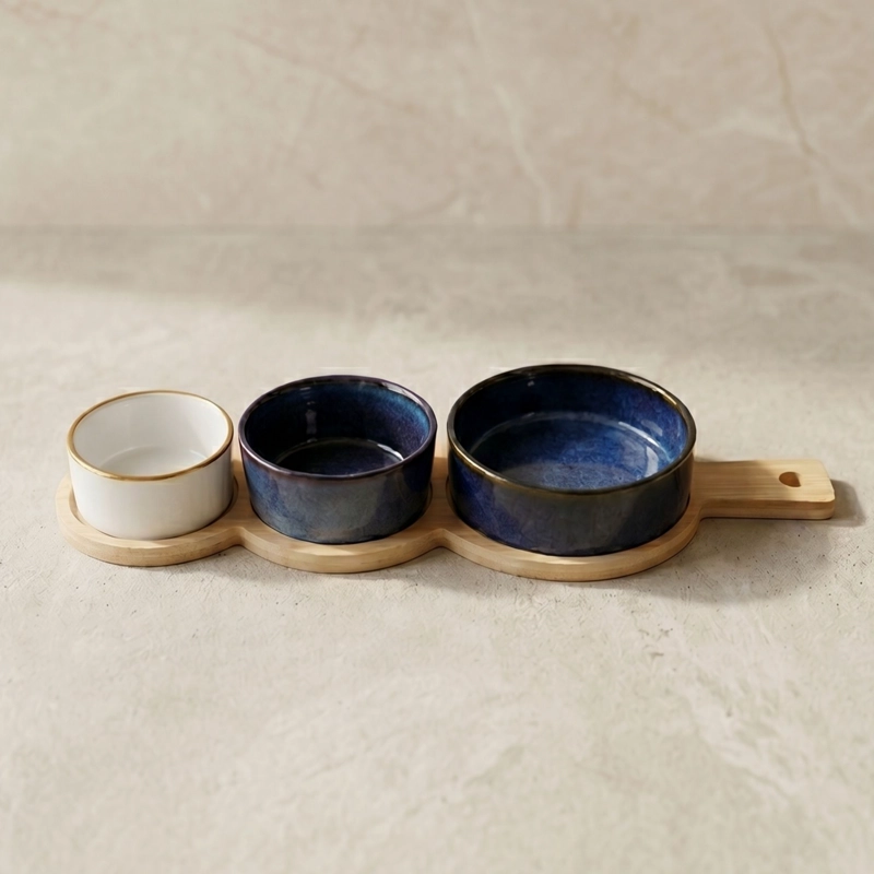 SET 3 BOWLS CERAMICA EN 3 TAMANOS CON BANDEJA BAMBOO CON ASA 35 CM - 1