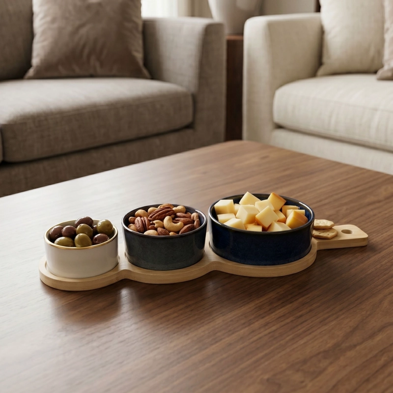 SET 3 BOWLS CERAMICA EN 3 TAMANOS CON BANDEJA BAMBOO CON ASA 35 CM - 2