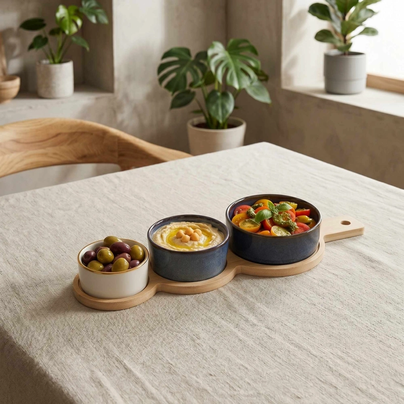 SET 3 BOWLS CERAMICA EN 3 TAMANOS CON BANDEJA BAMBOO CON ASA 35 CM - 3