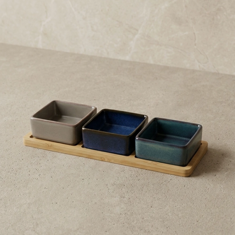 SET 3 BOWLS CERAMICA CUADRADOS EN BANDEJA BAMBOO 28 CM - 1