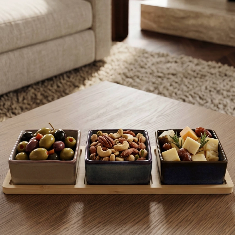 SET 3 BOWLS CERAMICA CUADRADOS EN BANDEJA BAMBOO 28 CM - 2