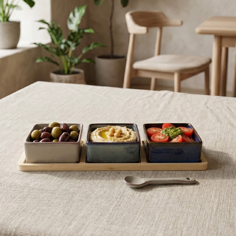 SET 3 BOWLS CERAMICA CUADRADOS EN BANDEJA BAMBOO 28 CM - 3