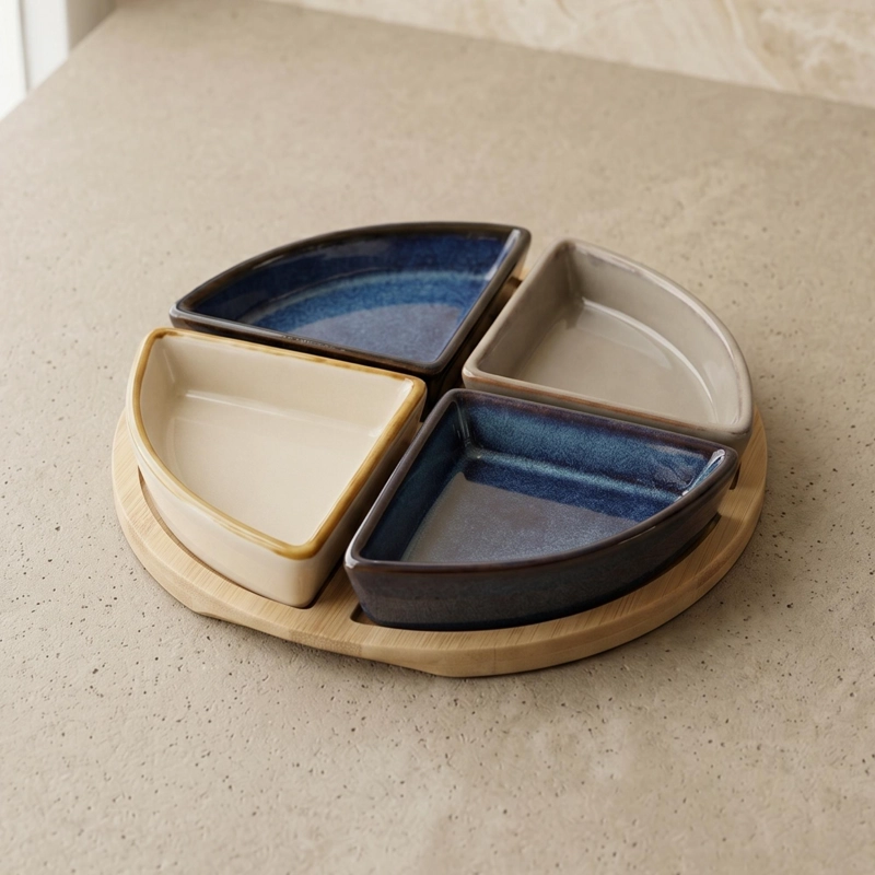 SET 4 BOWLS CERAMICA EN BANDEJA BAMBOO REDONDA 22 CM - 1