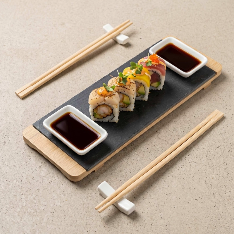 SET SUSHI PARA 2 PERSONAS EN TABLA BAMBOO Y PALILLOS - 2