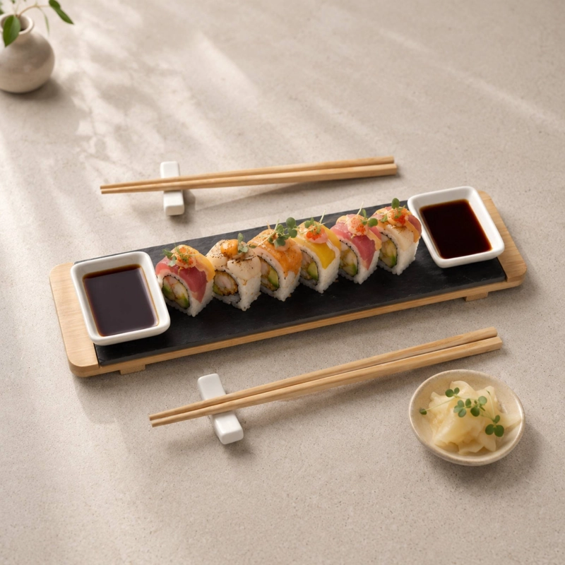 SET SUSHI PARA 2 PERSONAS EN TABLA BAMBOO Y PALILLOS - 4