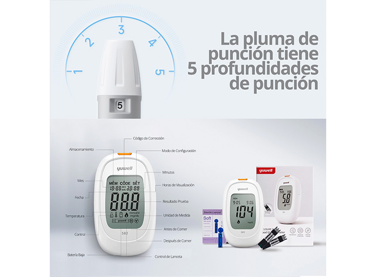 GLUCÓMETRO YUWELL 582 MEDIDOR GLUCOSA GLICEMIA 50 CINTAS 50 LANCETAS - 8