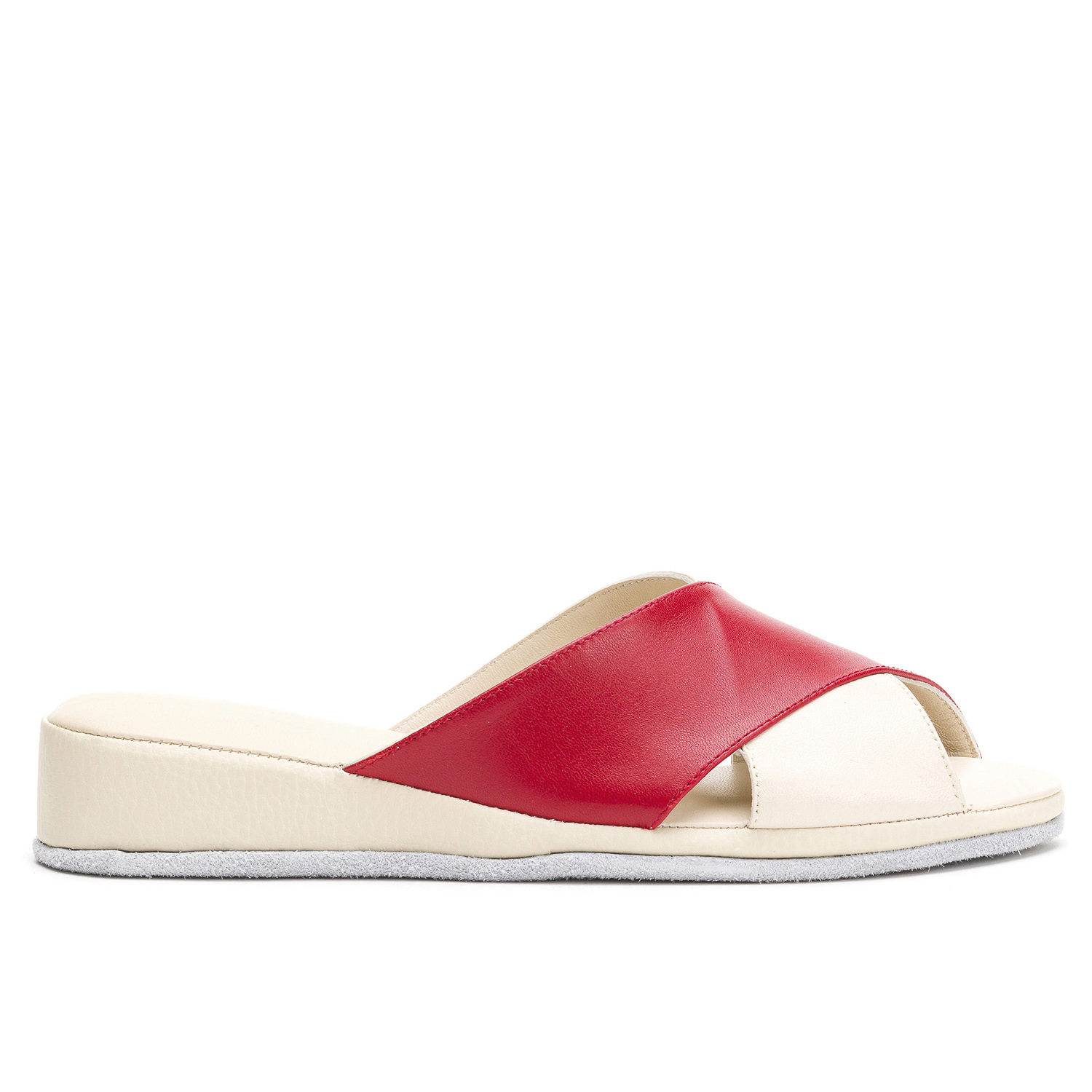 PANTUFLAS MUJER SUAVECITO CUERO MARFIL PLUMA ROJO - 1