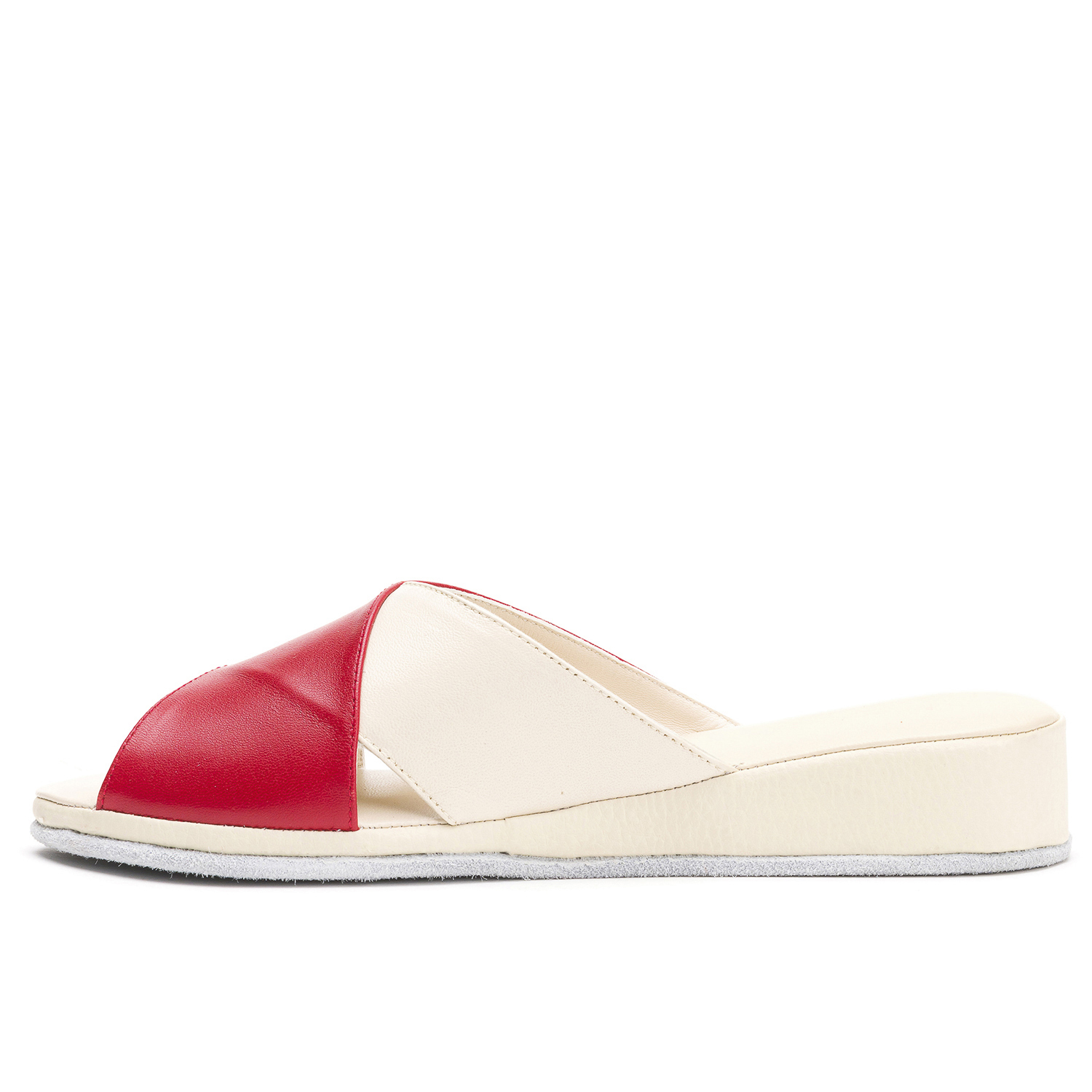 PANTUFLAS MUJER SUAVECITO CUERO MARFIL PLUMA ROJO - 2