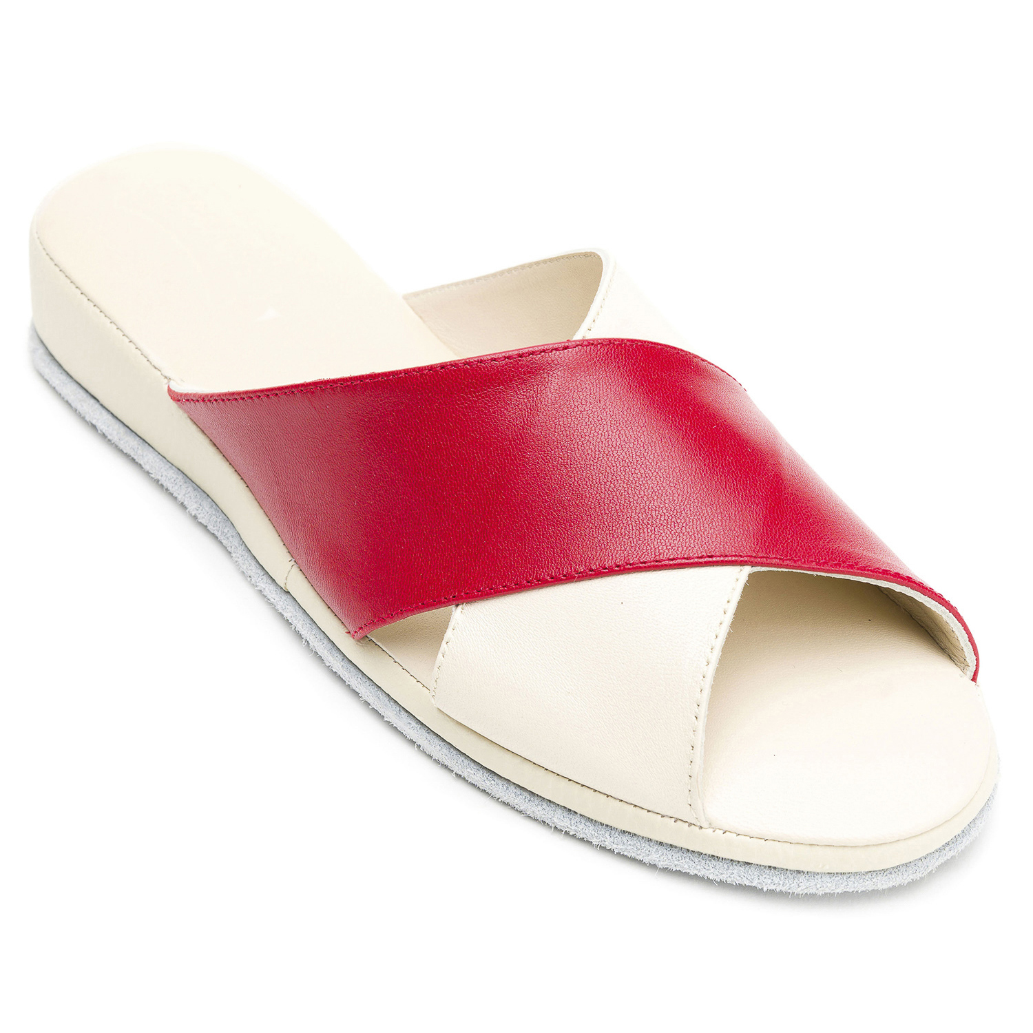 PANTUFLAS MUJER SUAVECITO CUERO MARFIL PLUMA ROJO - 3
