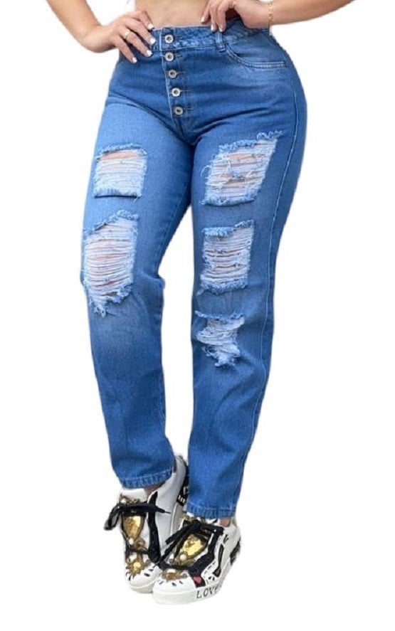 JEANS MOM MUJER CINTURA SOÑADA AZUL MON DESTROYED COLOMBIANO - 1