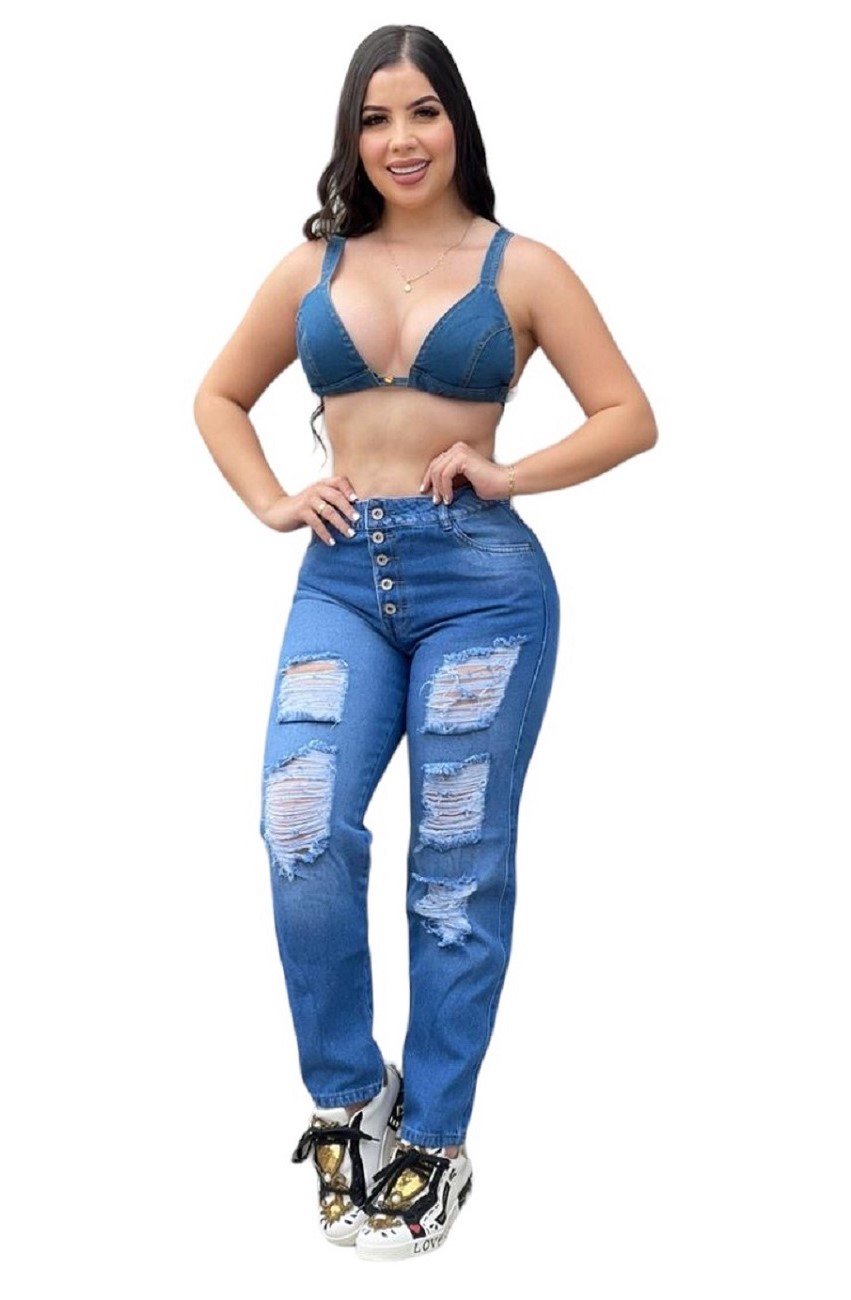 JEANS MOM MUJER CINTURA SOÑADA AZUL MON DESTROYED COLOMBIANO - 3