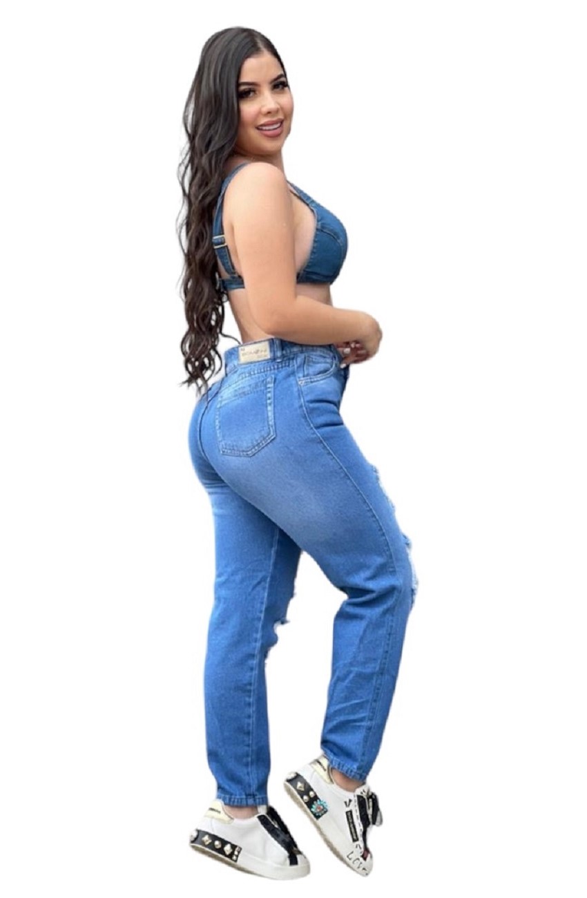 JEANS MOM MUJER CINTURA SOÑADA AZUL MON DESTROYED COLOMBIANO - 4