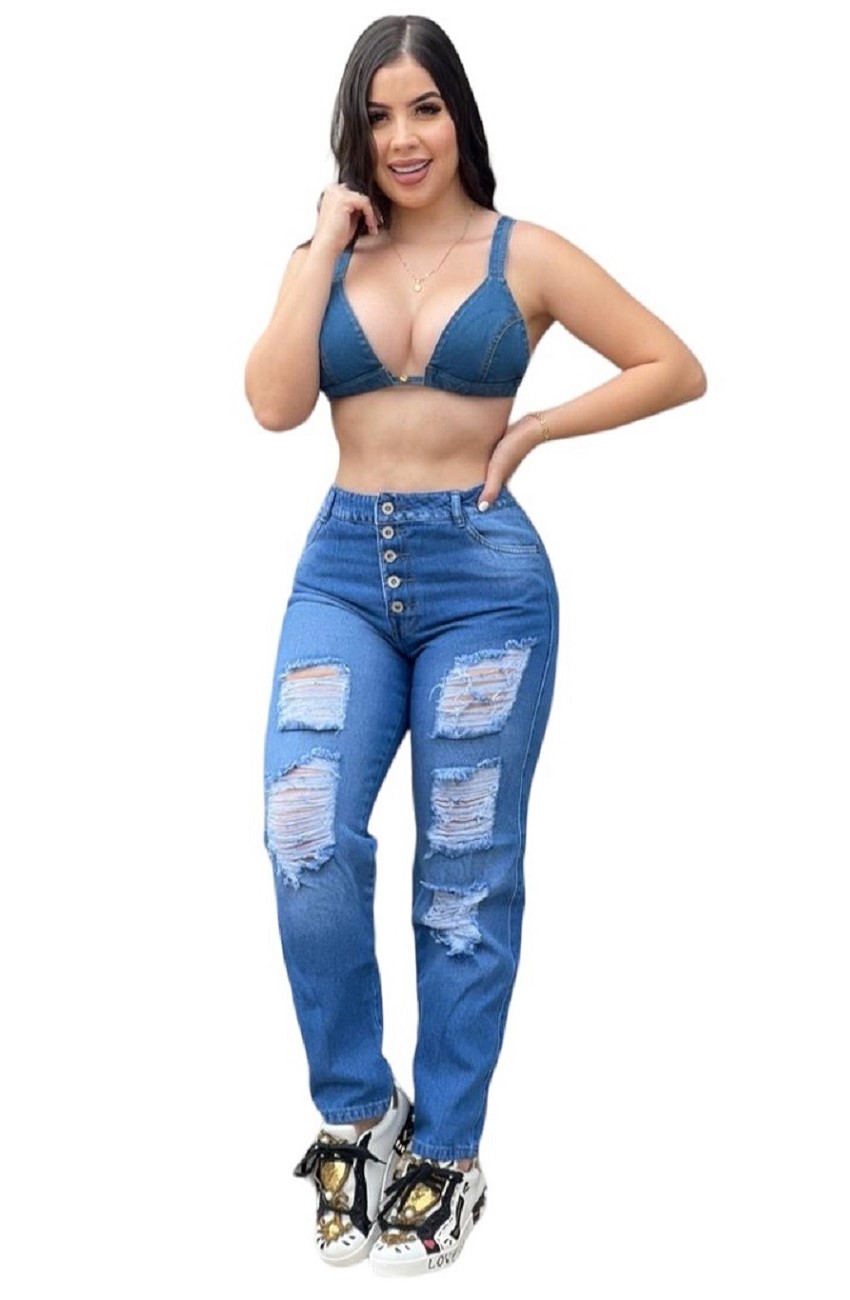 JEANS MOM MUJER CINTURA SOÑADA AZUL MON DESTROYED COLOMBIANO - 5
