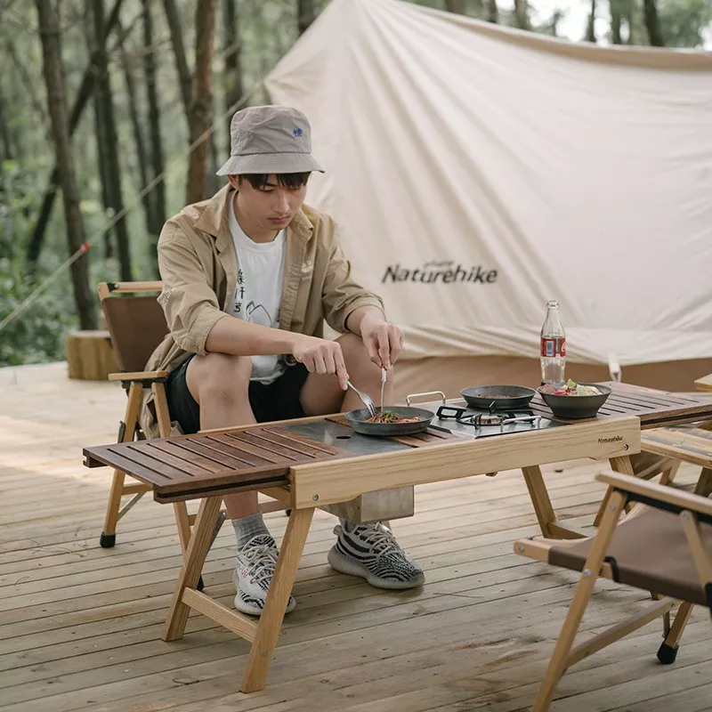 MESA PLEGABLE DE MADERA CON RIEL DESLIZANTE - NOGAL - 5