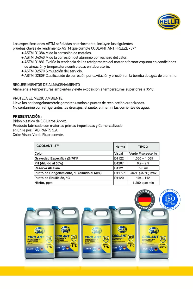 COOLANT ANTIFREEZE -37° GALON 3.8LTS - 5