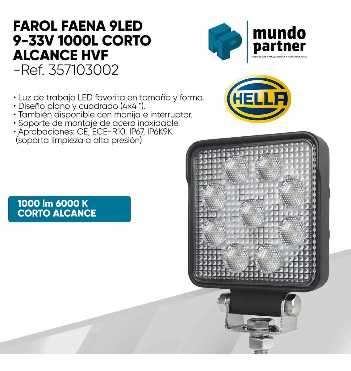 FAROL FAENA 9LED 9-33V 1000L CORTO ALCANCE HELLA VALUE FIT - 2