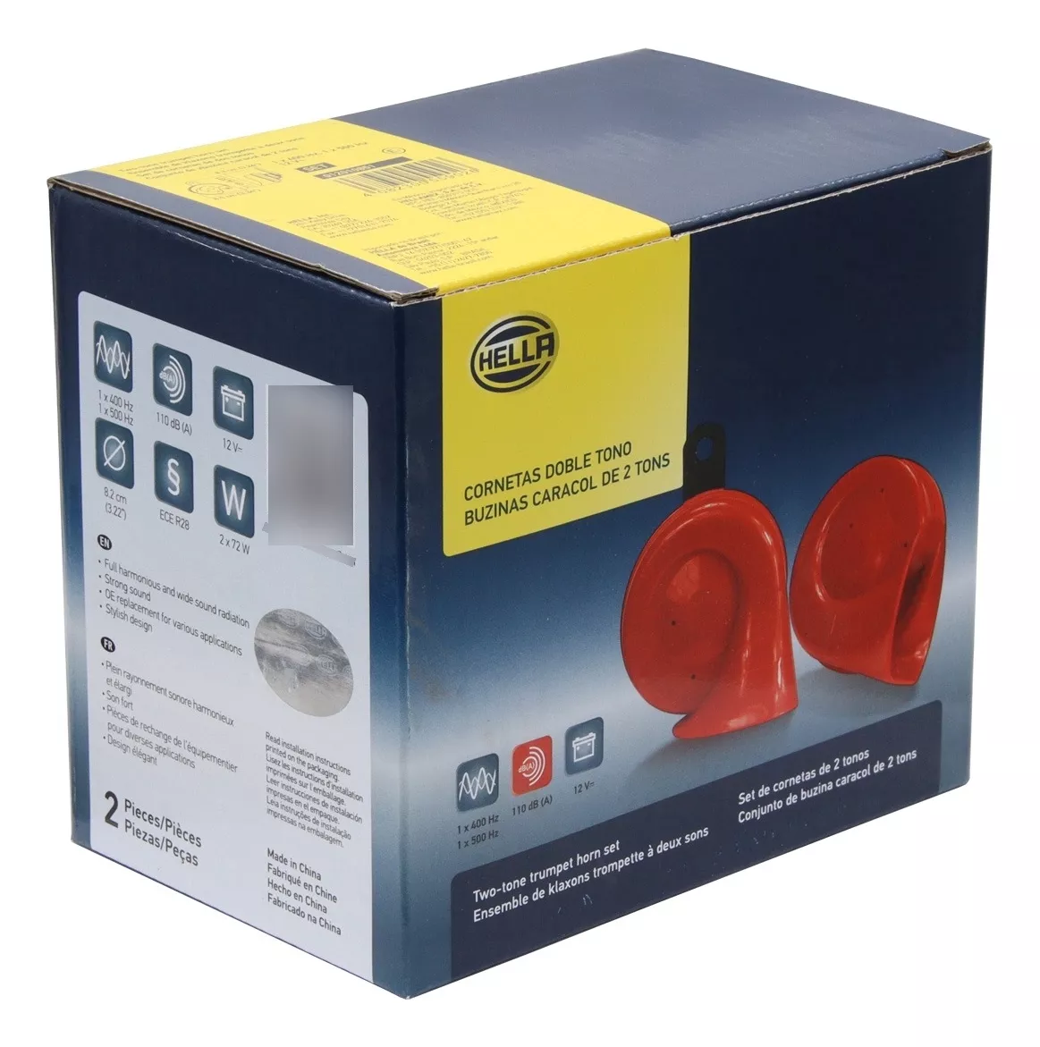 BOCINA HELLA CARACOL ROJA TONO ALTO Y BAJO 12V 72W 110DB PAR - 1