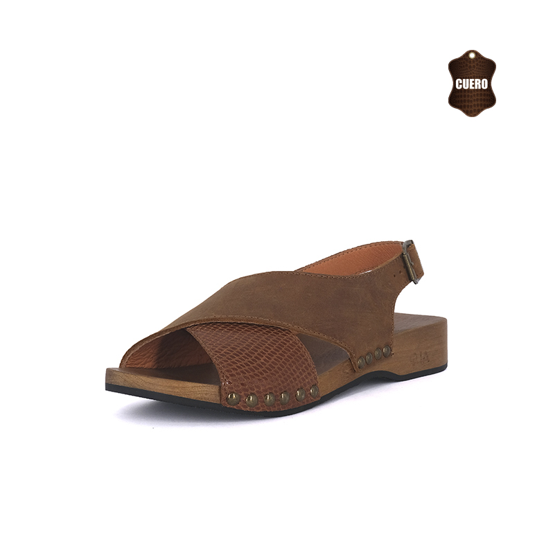 SANDALIAS MUJER ALQUIMIA CUERO CARAMELO MADERA CACHI - 1