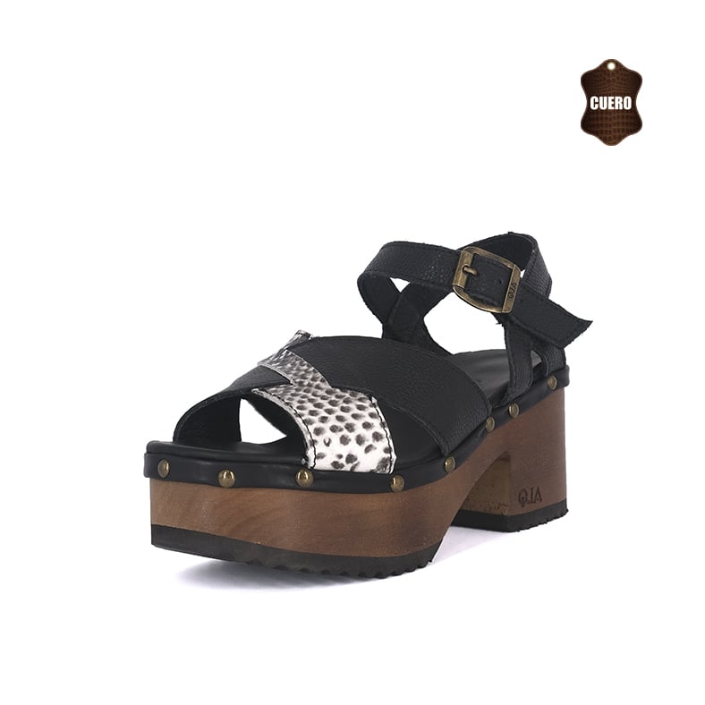 SANDALIAS MUJER ALQUIMIA CUERO NEGRO PLATAFORMA MADERA EBANO FULL - 1