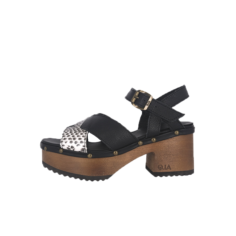 SANDALIAS MUJER ALQUIMIA CUERO NEGRO PLATAFORMA MADERA EBANO FULL - 2