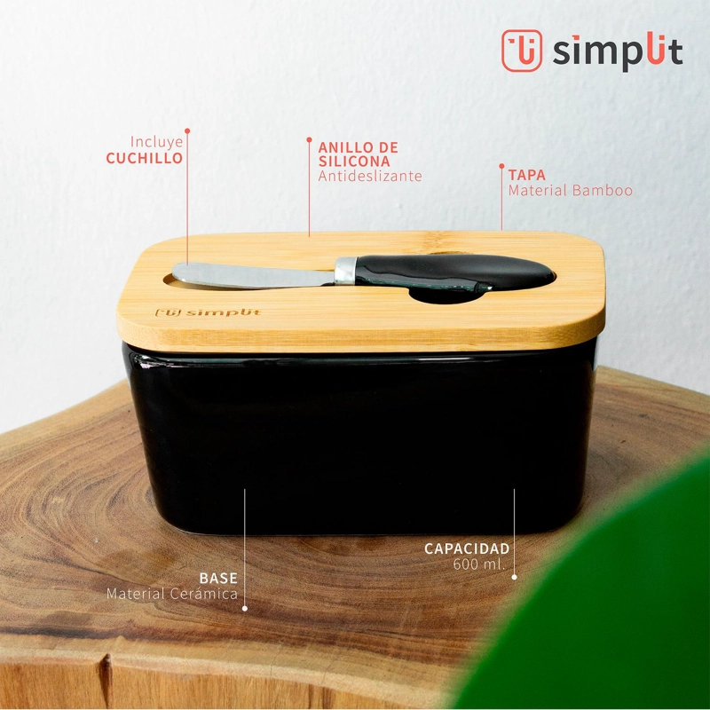 MANTEQUILLERO DE CERAMICA TAPA BAMBOO+CUCHILLO 600ML SIMPLIT - 3