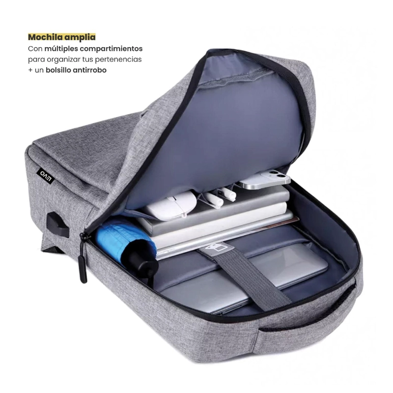 MOCHILA PARA NOTEBOOK CON PUERTO USB 15' GRIS LEVO - 6