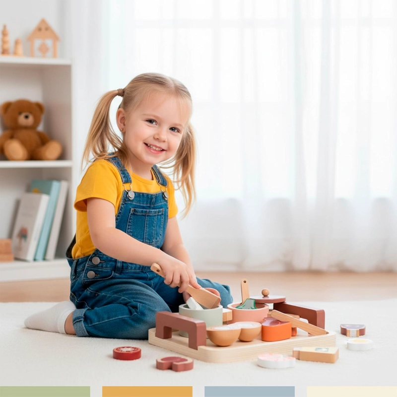 SET JUEGO MINI COCINA DE JUGUETE ALIMENTOS MADERA BANDU - 2