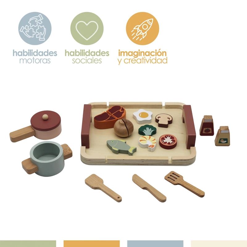 SET JUEGO MINI COCINA DE JUGUETE ALIMENTOS MADERA BANDU - 3