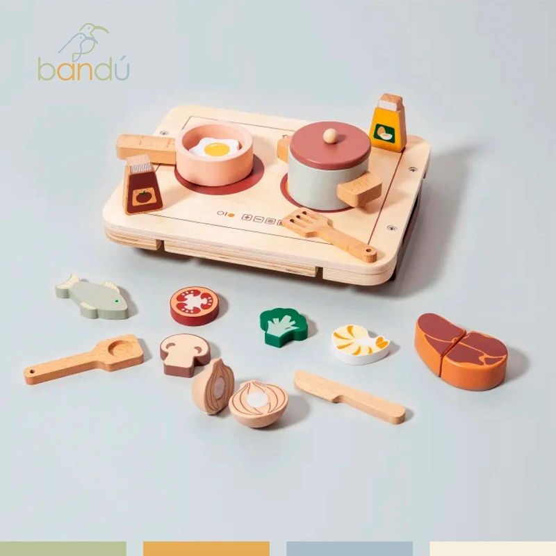 SET JUEGO MINI COCINA DE JUGUETE ALIMENTOS MADERA BANDU - 5