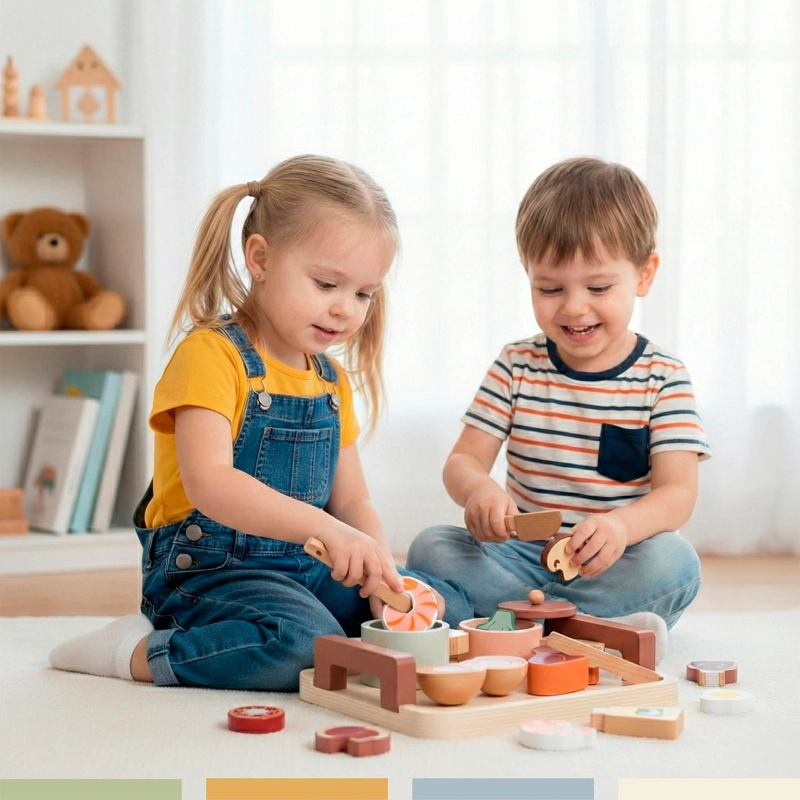 SET JUEGO MINI COCINA DE JUGUETE ALIMENTOS MADERA BANDU - 6