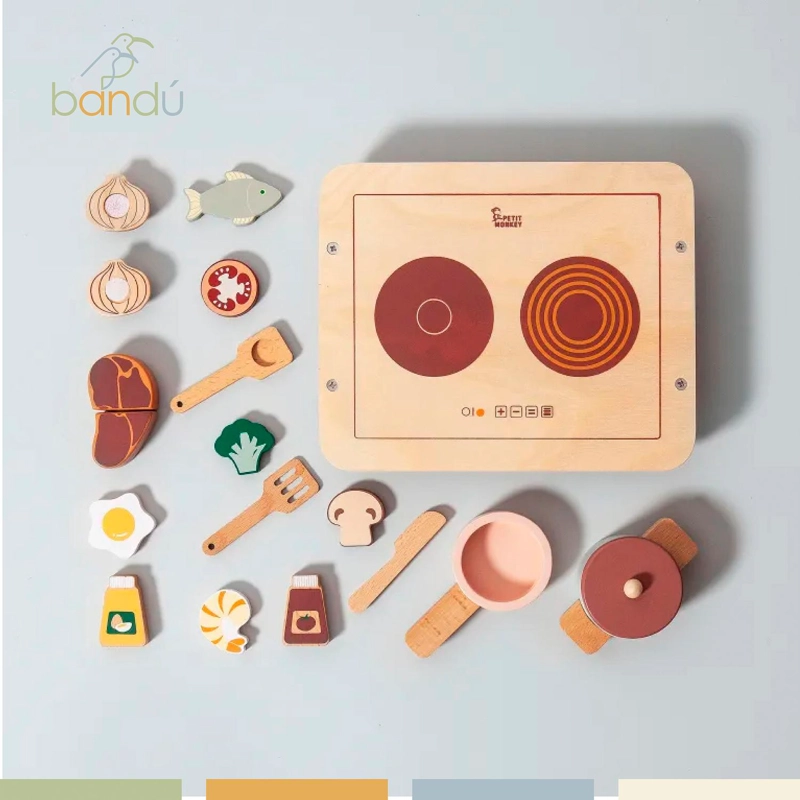 SET JUEGO MINI COCINA DE JUGUETE ALIMENTOS MADERA BANDU - 8