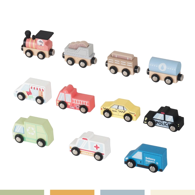 SET AUTOS DE JUGUETE TREN PISTA Y SEÑALETICAS MADERA BANDU - 3