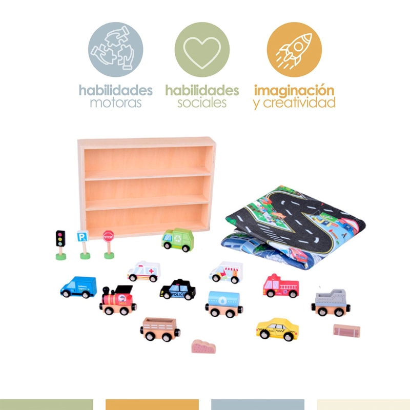 SET AUTOS DE JUGUETE TREN PISTA Y SEÑALETICAS MADERA BANDU - 7